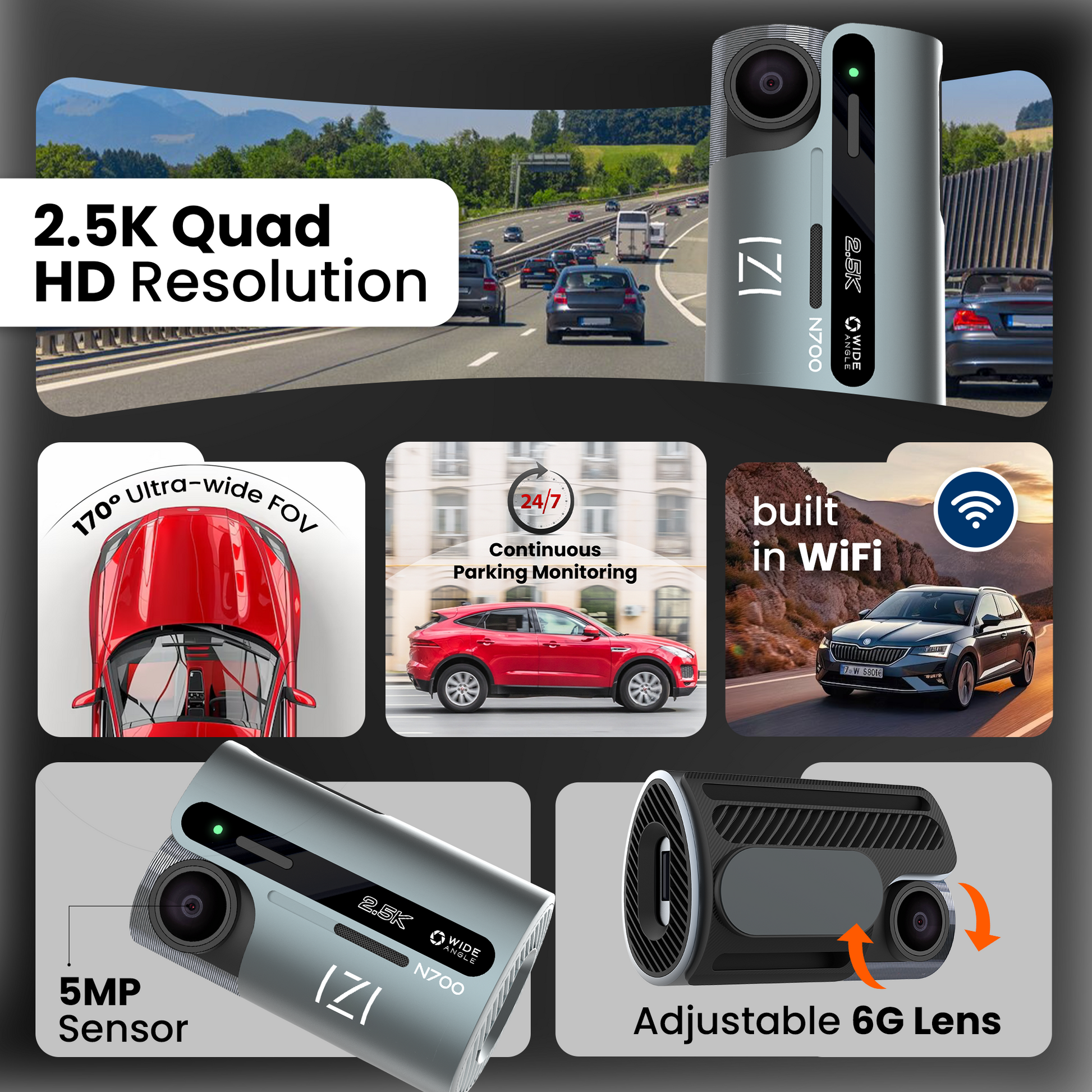 N700 Dash 5 MP Car Camera, 2.5K, Night Vision, WiFi, GPS, 512GB Storage - IZI