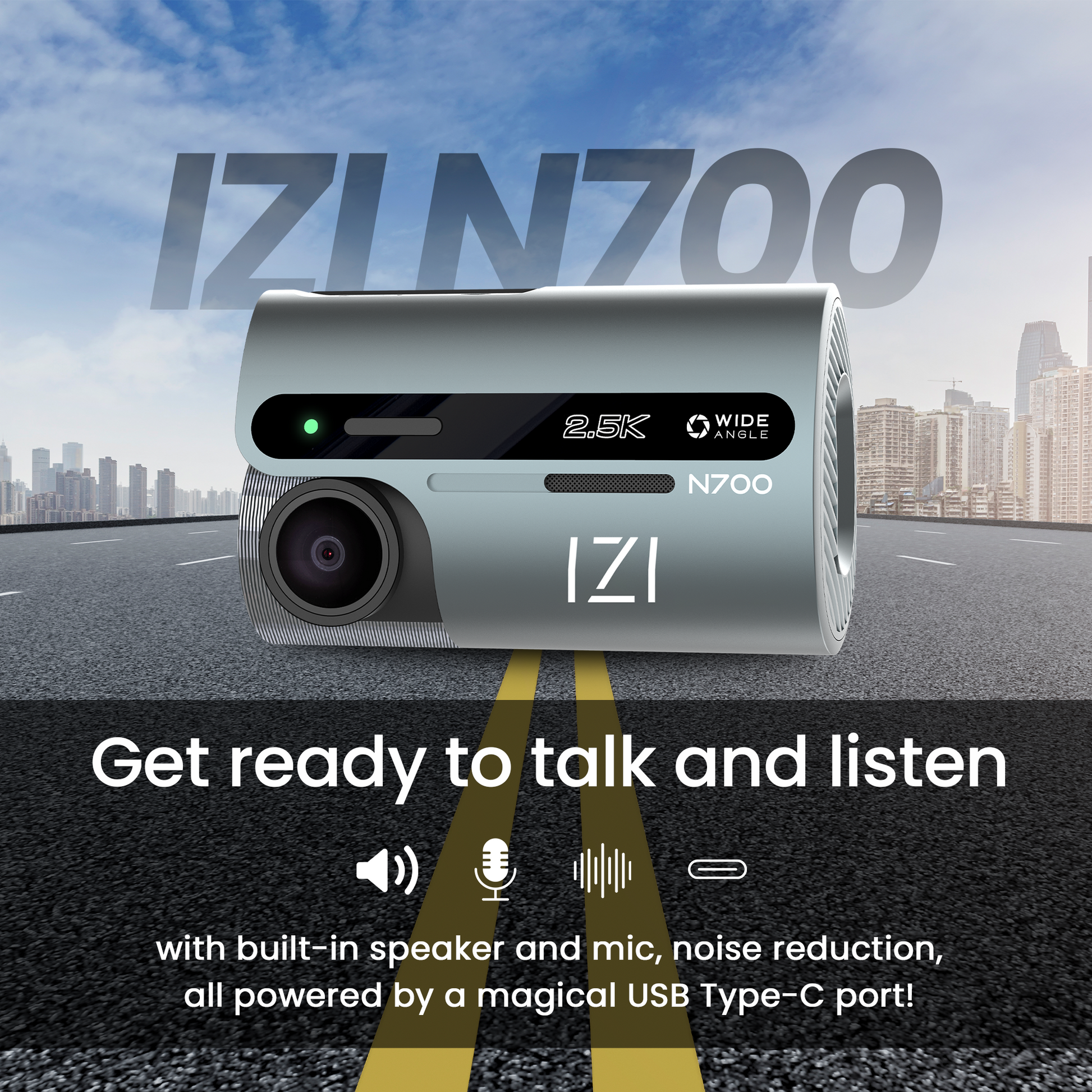 N700 Dash 5 MP Car Camera, 2.5K, Night Vision, WiFi, GPS, 512GB Storage - IZI